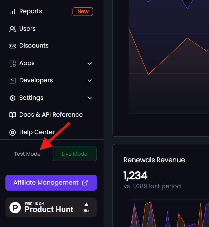 Test Mode and Live Mode buttons at the bottom of the Fungies Dashboard left menu, below Help Center