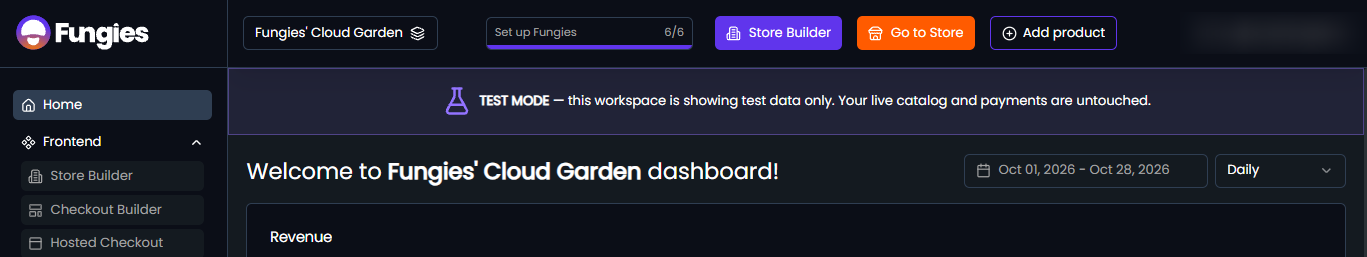 Purple TEST MODE banner at the top of the Fungies Dashboard: this workspace is showing test data only